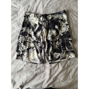 Palmwave Mens Black White Floral Hibiscus Board Shorts Swim Trunks Size 38